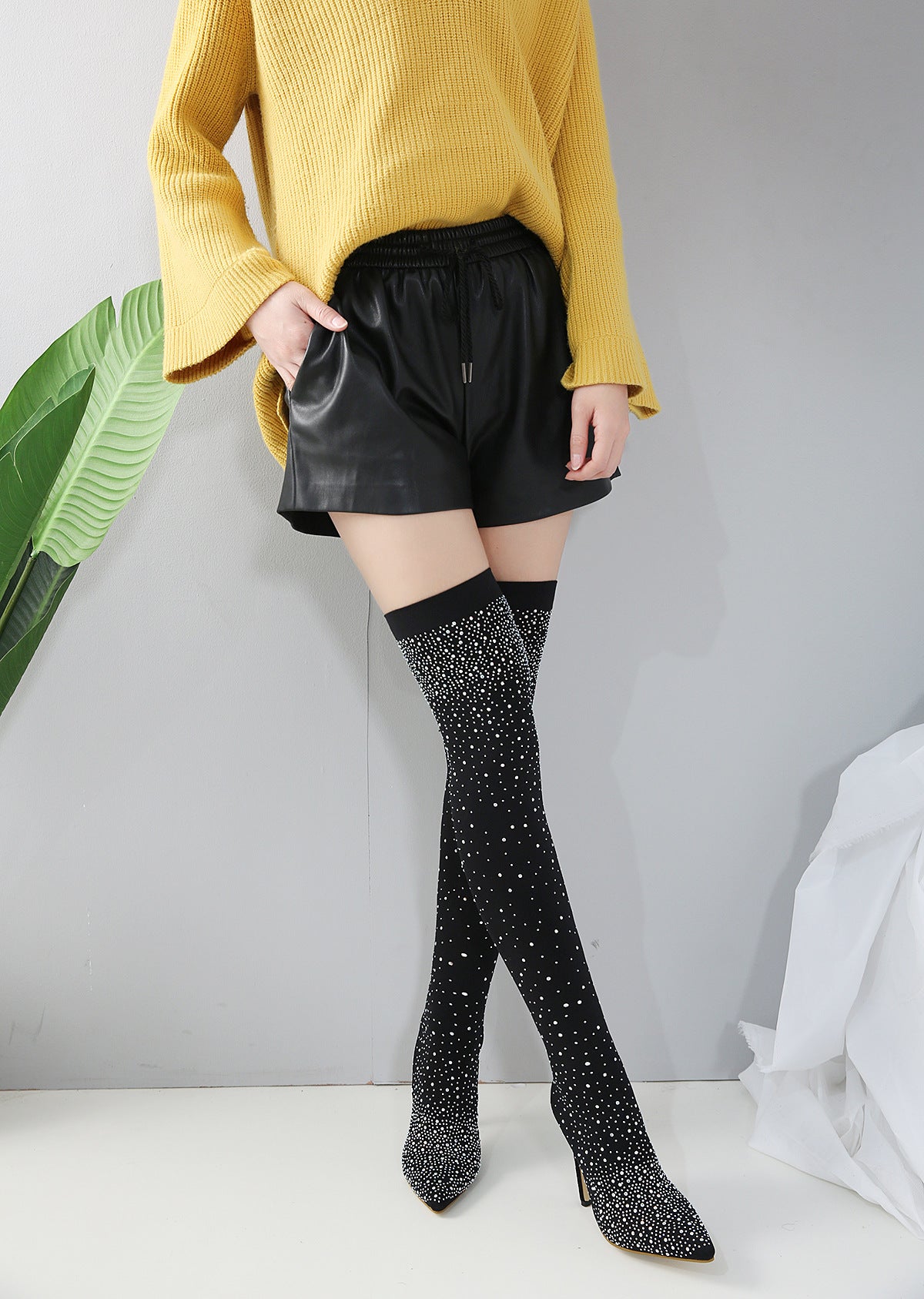 Rhinestone Sock Stocking Thigh High Heels