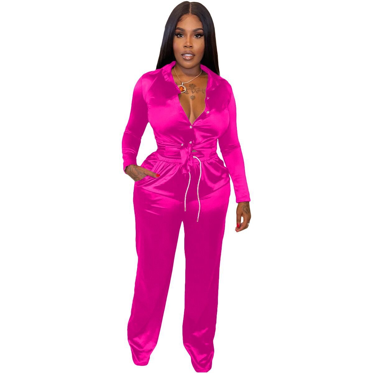 Ladies Stretch Satin Strap Casual Two Piece Set