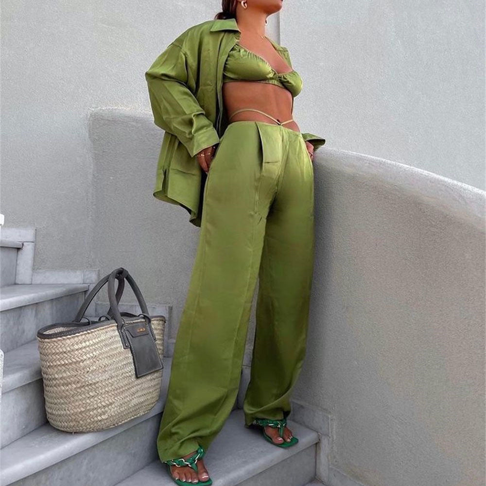 Women's New Casual Vacation Shirt Vest Straight Pants Three-piece Set