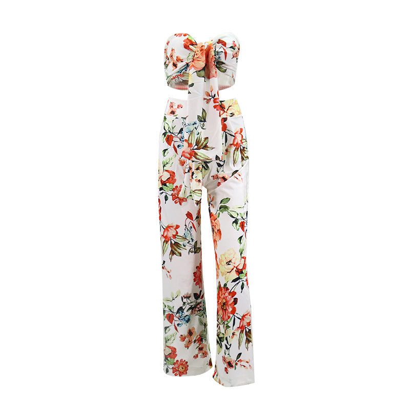 Women's Printed Lace-Up Tube Top Trousers Two-Piece Set