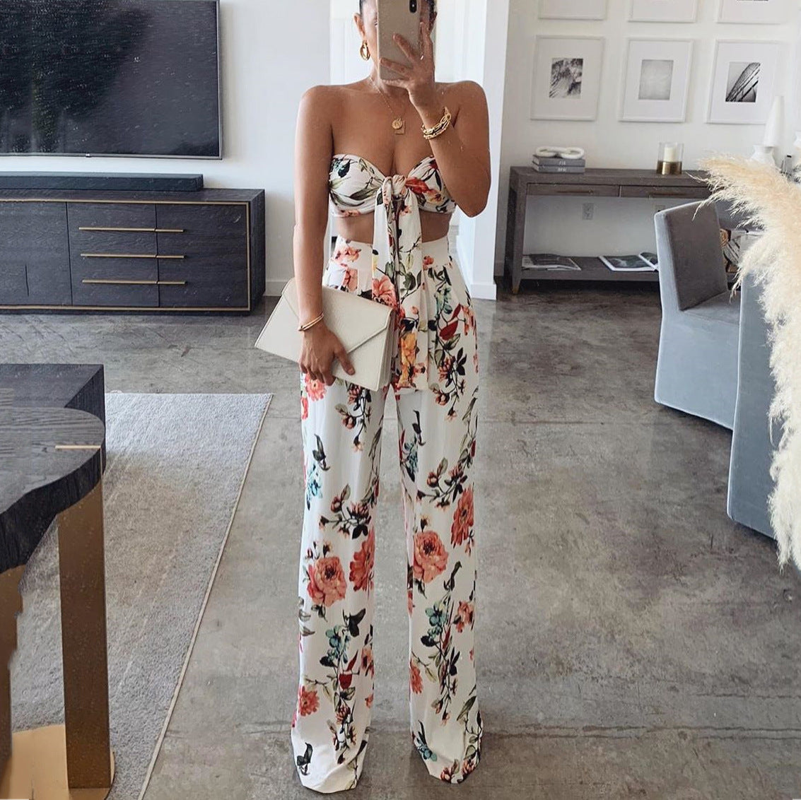 Women's Printed Lace-Up Tube Top Trousers Two-Piece Set