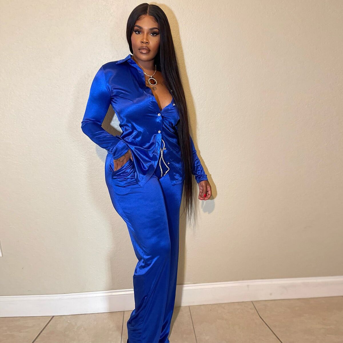 Ladies Stretch Satin Strap Casual Two Piece Set