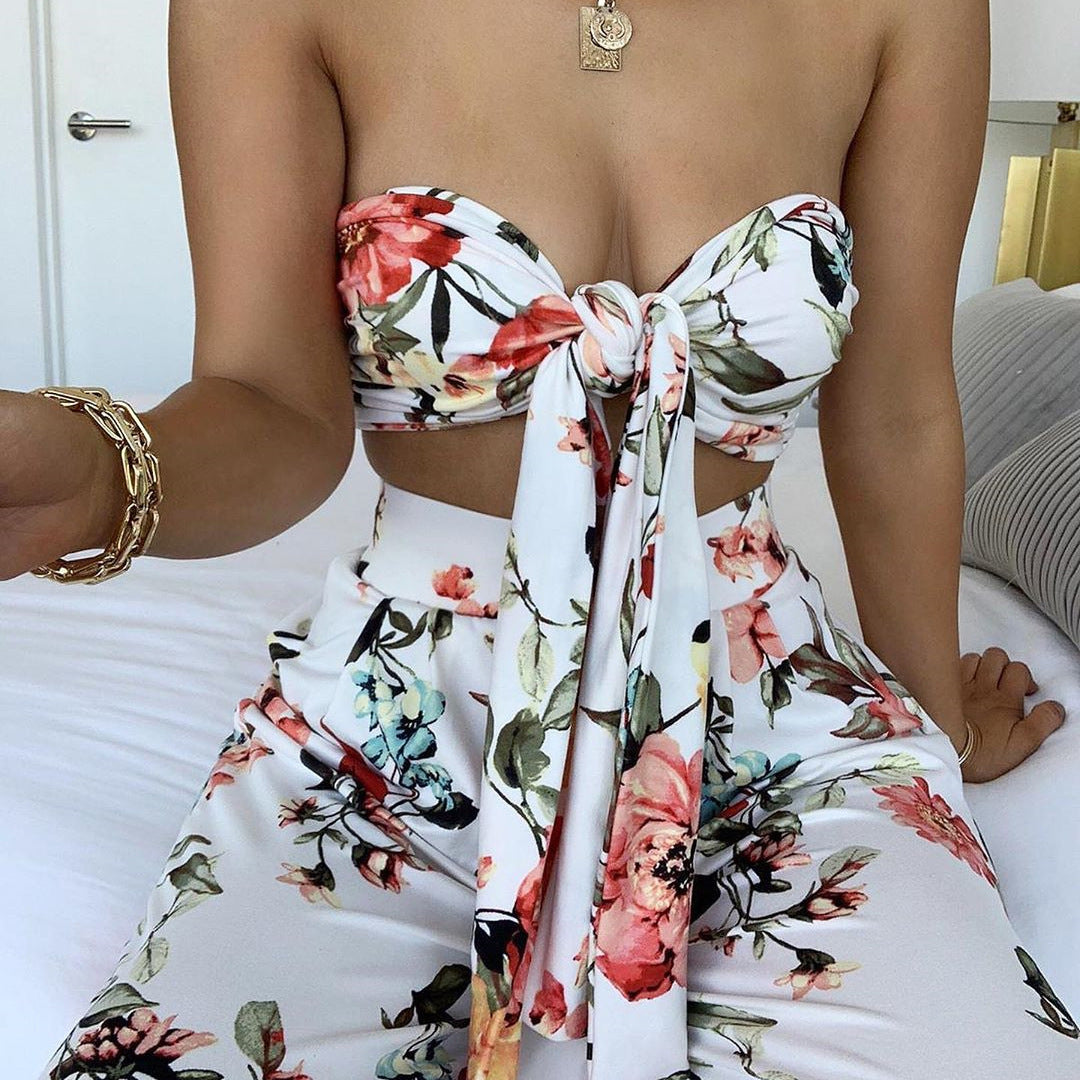 Women's Printed Lace-Up Tube Top Trousers Two-Piece Set