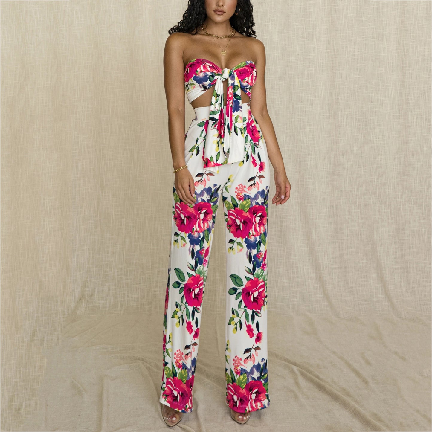 Women's Printed Lace-Up Tube Top Trousers Two-Piece Set