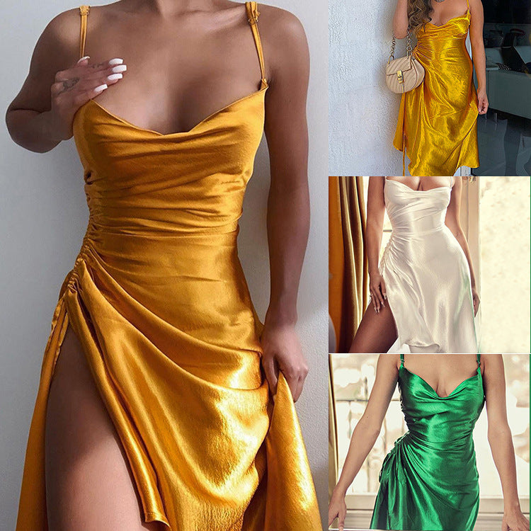 Irregular Dress With Solid Color Sling Split And Drawstring