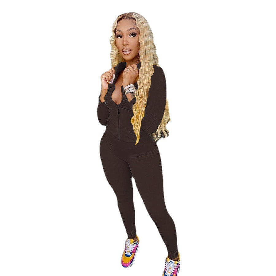 European And American Sexy Casual Solid Color Hooded Two-piece Set