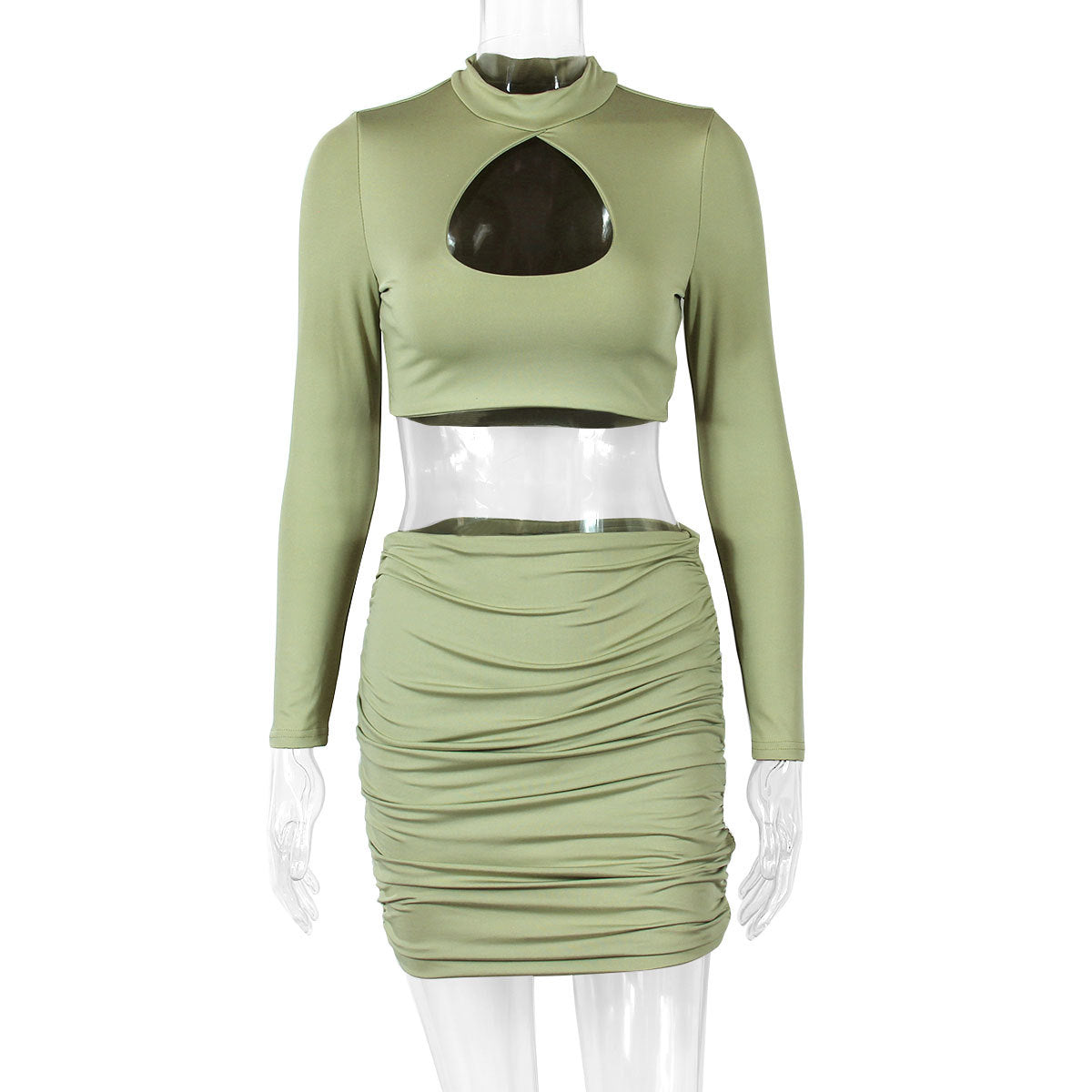 Women's Cutout Long Sleeve Pleated Cropped Navel Two-Piece Set