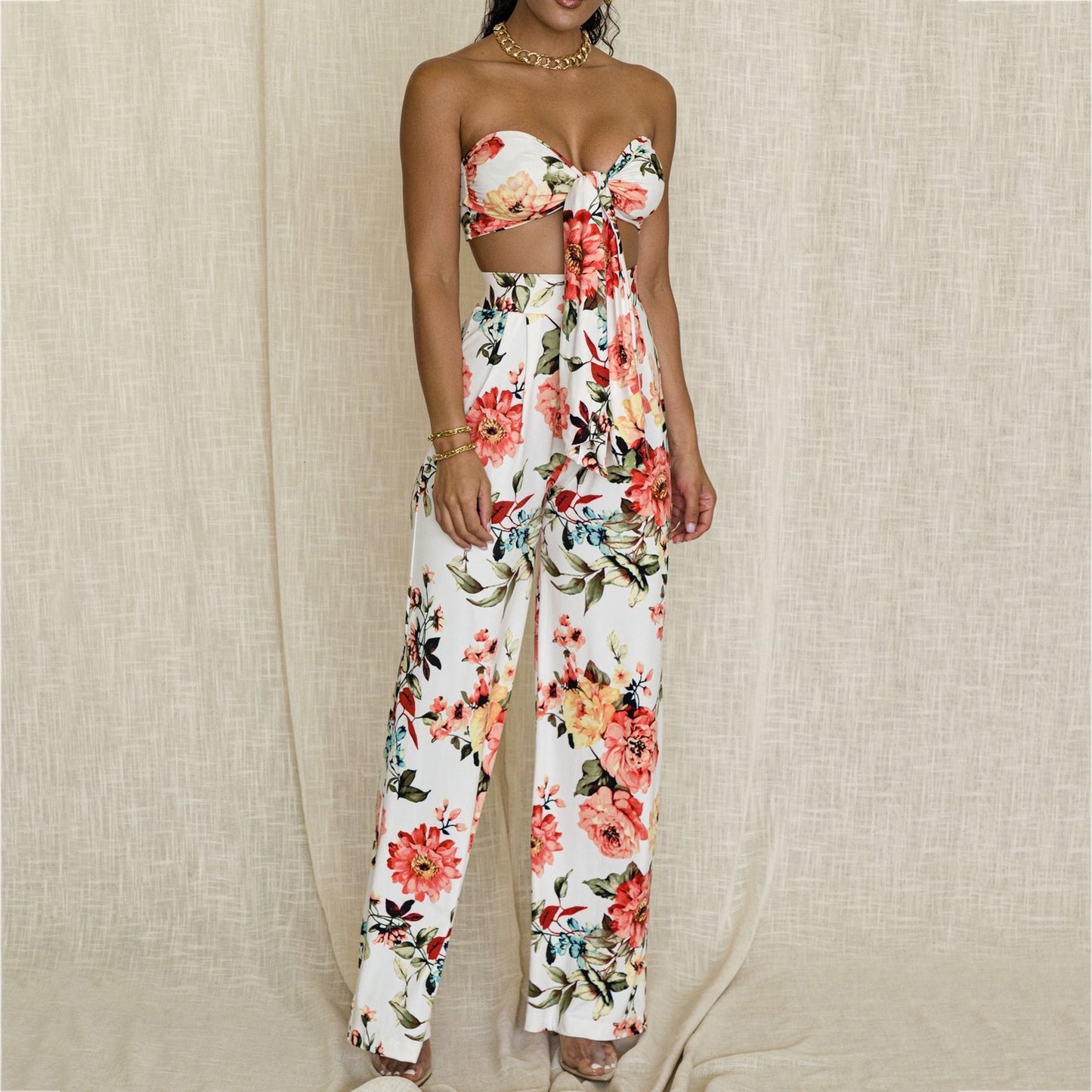 Women's Printed Lace-Up Tube Top Trousers Two-Piece Set