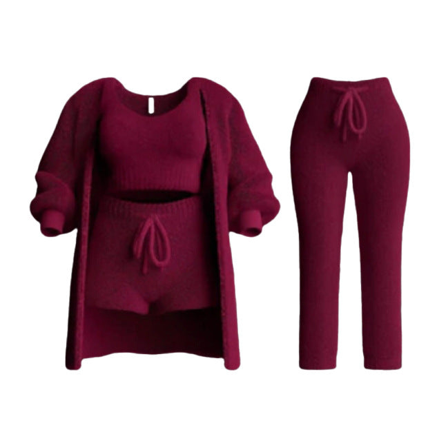 Knitted Plush Long Sleeve Coat Vest Shorts Four-piece Set