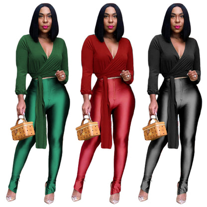 Women's Chiffon Top And Metal Pants Two Piece Set