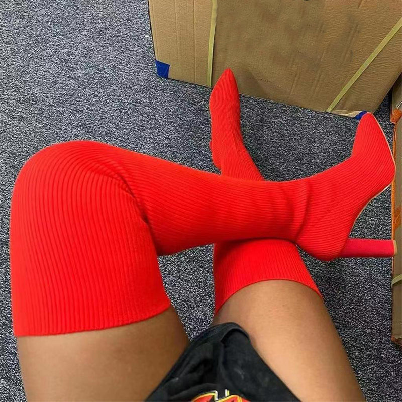 Red Over-Knee Long Stretch Knitting Winter Boots