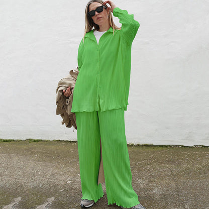 Solid Drape Loose Silky Pleated Casual 2-Piece Set