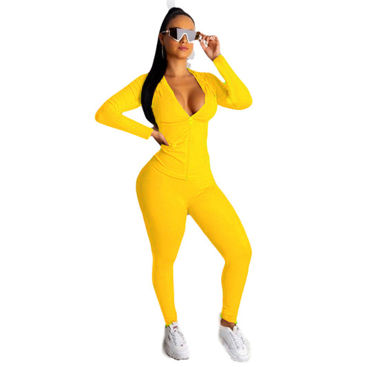 European And American Sexy Casual Solid Color Hooded Two-piece Set