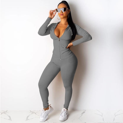 European And American Sexy Casual Solid Color Hooded Two-piece Set