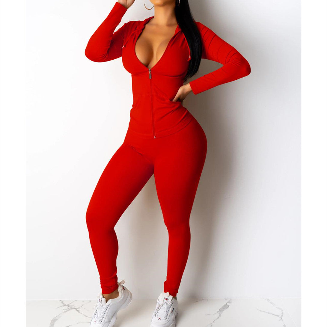 European And American Sexy Casual Solid Color Hooded Two-piece Set