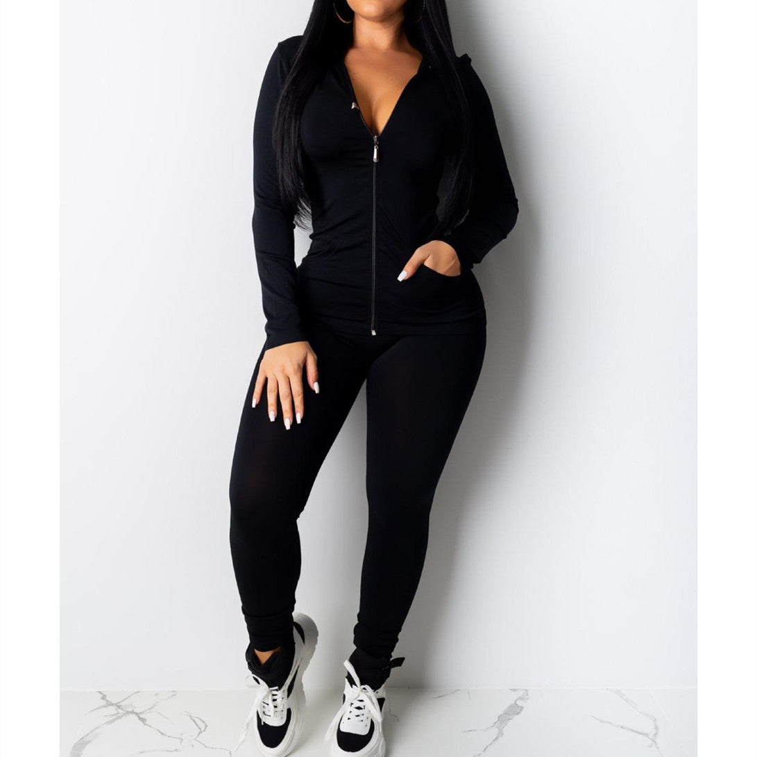 European And American Sexy Casual Solid Color Hooded Two-piece Set