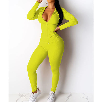 European And American Sexy Casual Solid Color Hooded Two-piece Set