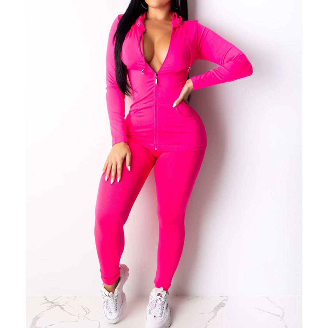 European And American Sexy Casual Solid Color Hooded Two-piece Set