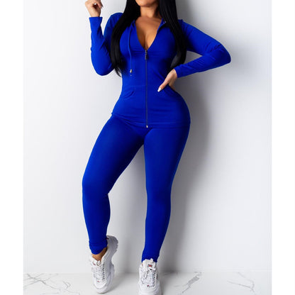 European And American Sexy Casual Solid Color Hooded Two-piece Set