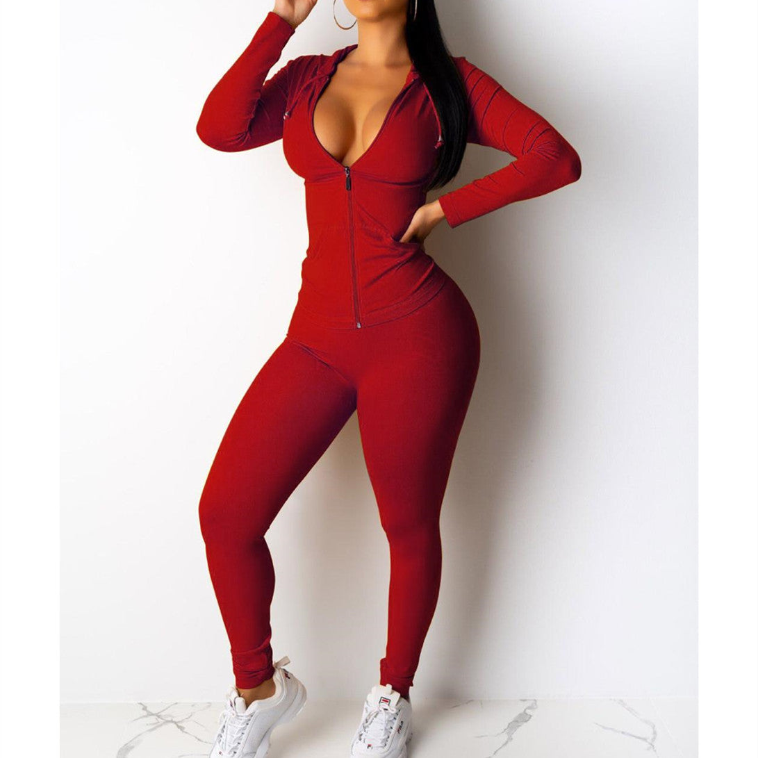 European And American Sexy Casual Solid Color Hooded Two-piece Set