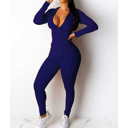 European And American Sexy Casual Solid Color Hooded Two-piece Set