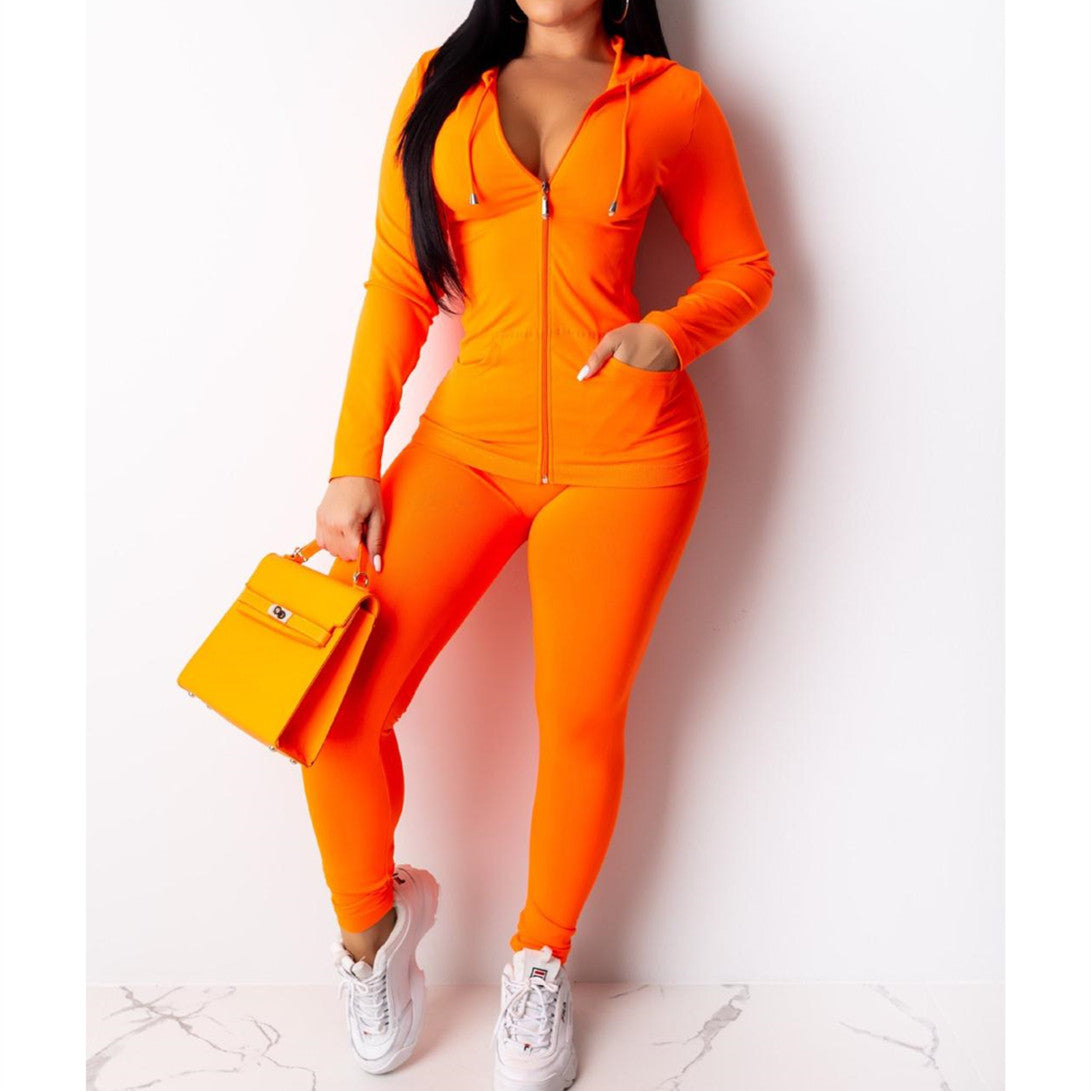 European And American Sexy Casual Solid Color Hooded Two-piece Set