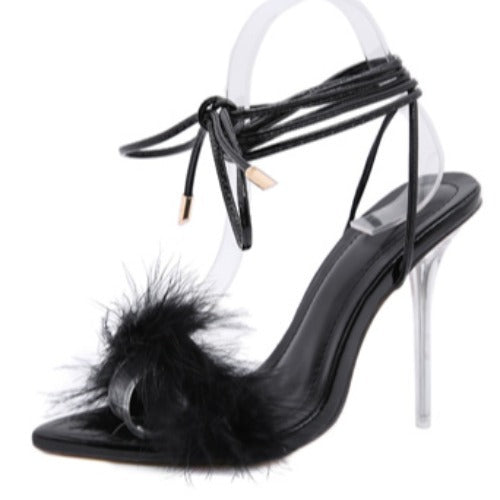 Feather Strap Transparent Crystal Pointed High Heels