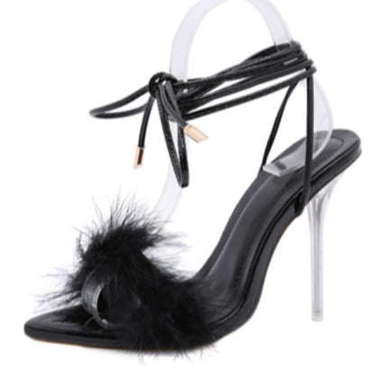 Feather Strap Transparent Crystal Pointed High Heels