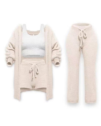 Knitted Plush Long Sleeve Coat Vest Shorts Four-piece Set