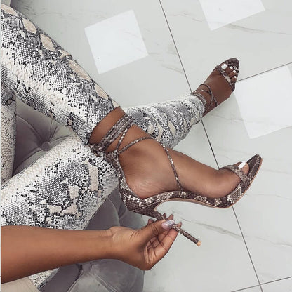 Women's Snakeskin Wrap Around Lace Up High heels