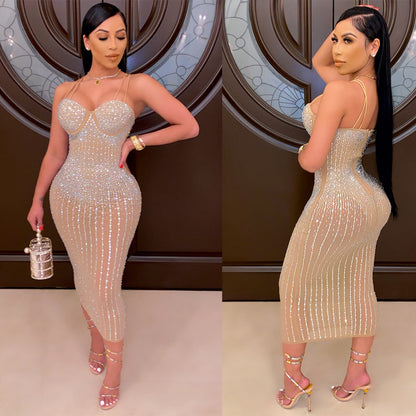 sling rhinestone see-through slim dress