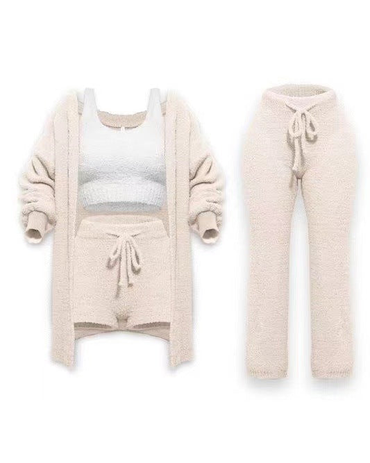 Knitted Plush Long Sleeve Coat Vest Shorts Four-piece Set