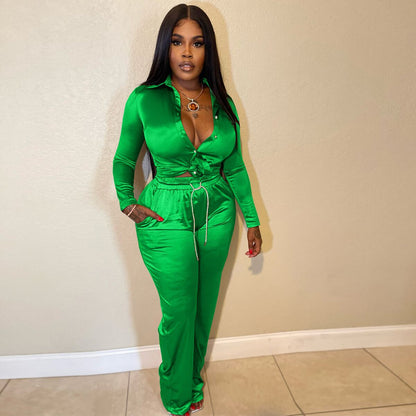 Ladies Stretch Satin Strap Casual Two Piece Set