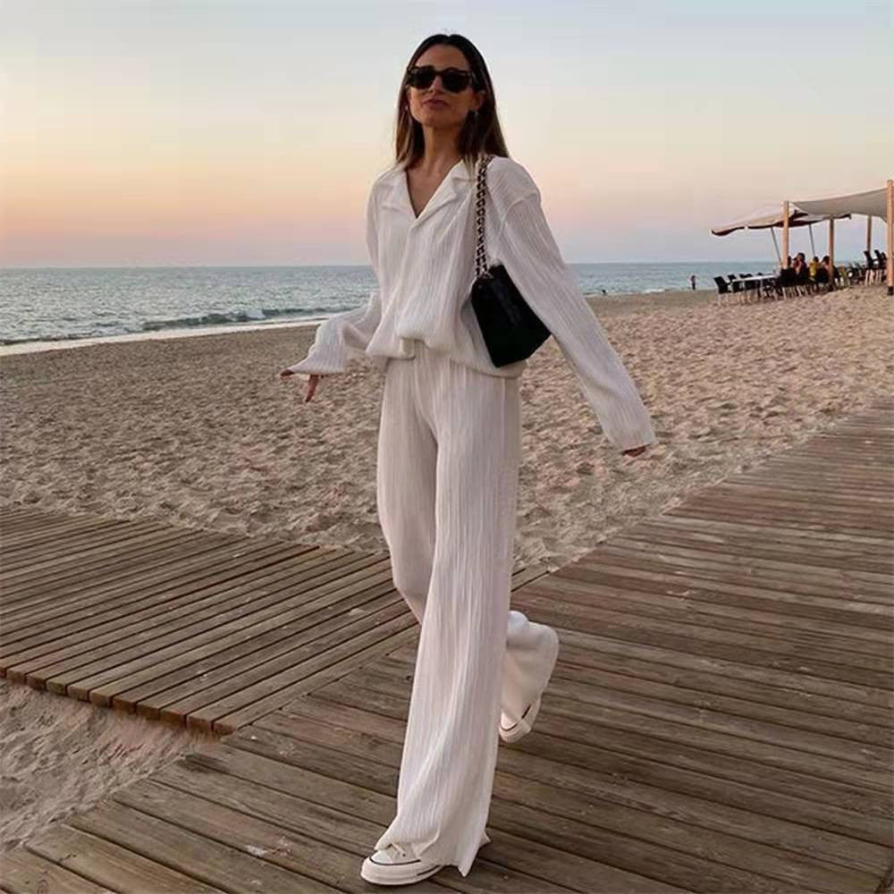 Solid Drape Loose Silky Pleated Casual 2-Piece Set