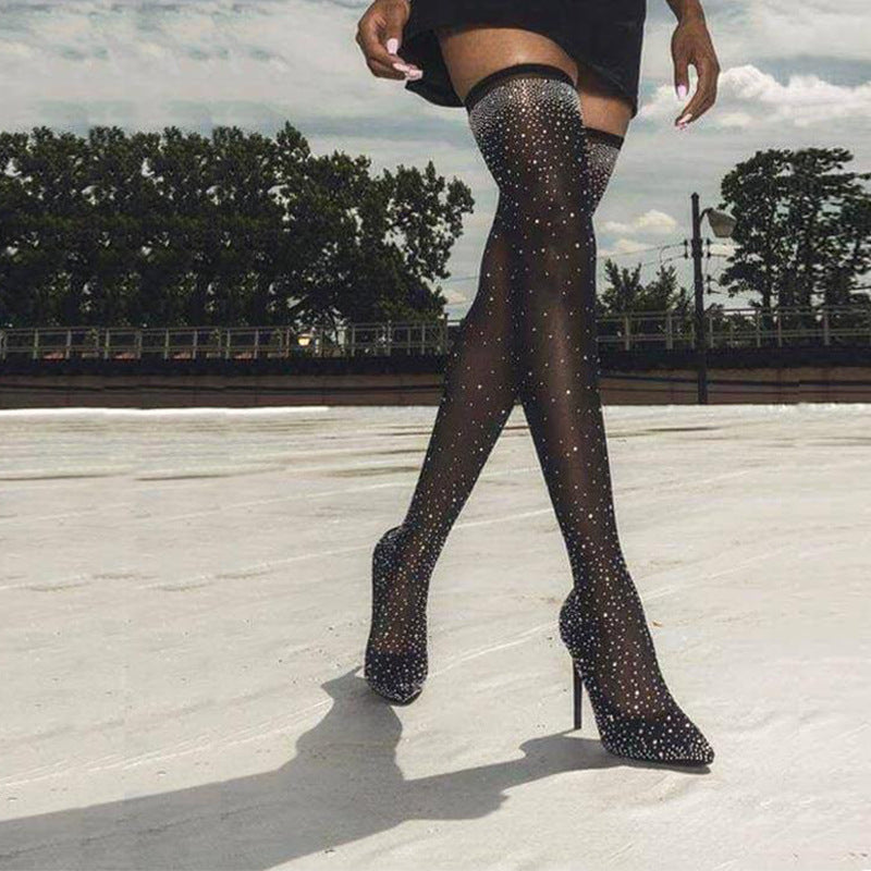 Rhinestone Sock Stocking Thigh High Heels