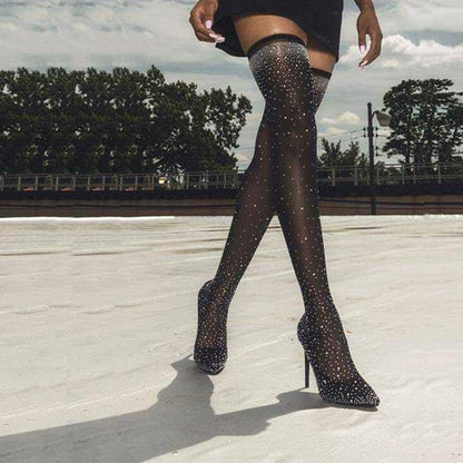 Rhinestone Sock Stocking Thigh High Heels