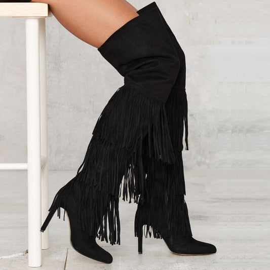 Fringed Over The Knee High Heel Boots