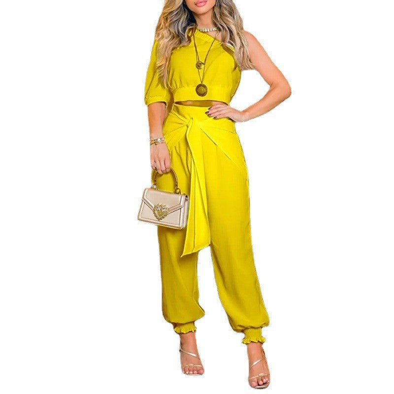 One-Sleeve Cropped Top Bloomers Two Piece Set