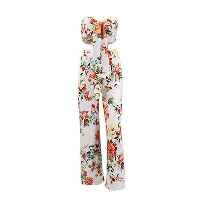 Women's Printed Lace-Up Tube Top Trousers Two-Piece Set
