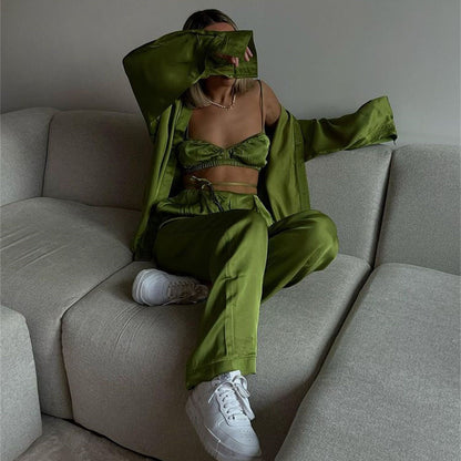 Women's New Casual Vacation Shirt Vest Straight Pants Three-piece Set