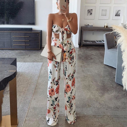 Women's Printed Lace-Up Tube Top Trousers Two-Piece Set