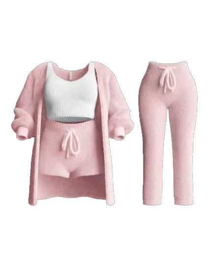 Knitted Plush Long Sleeve Coat Vest Shorts Four-piece Set