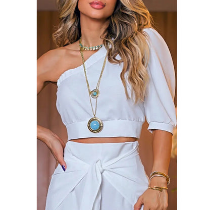 One-Sleeve Cropped Top Bloomers Two Piece Set