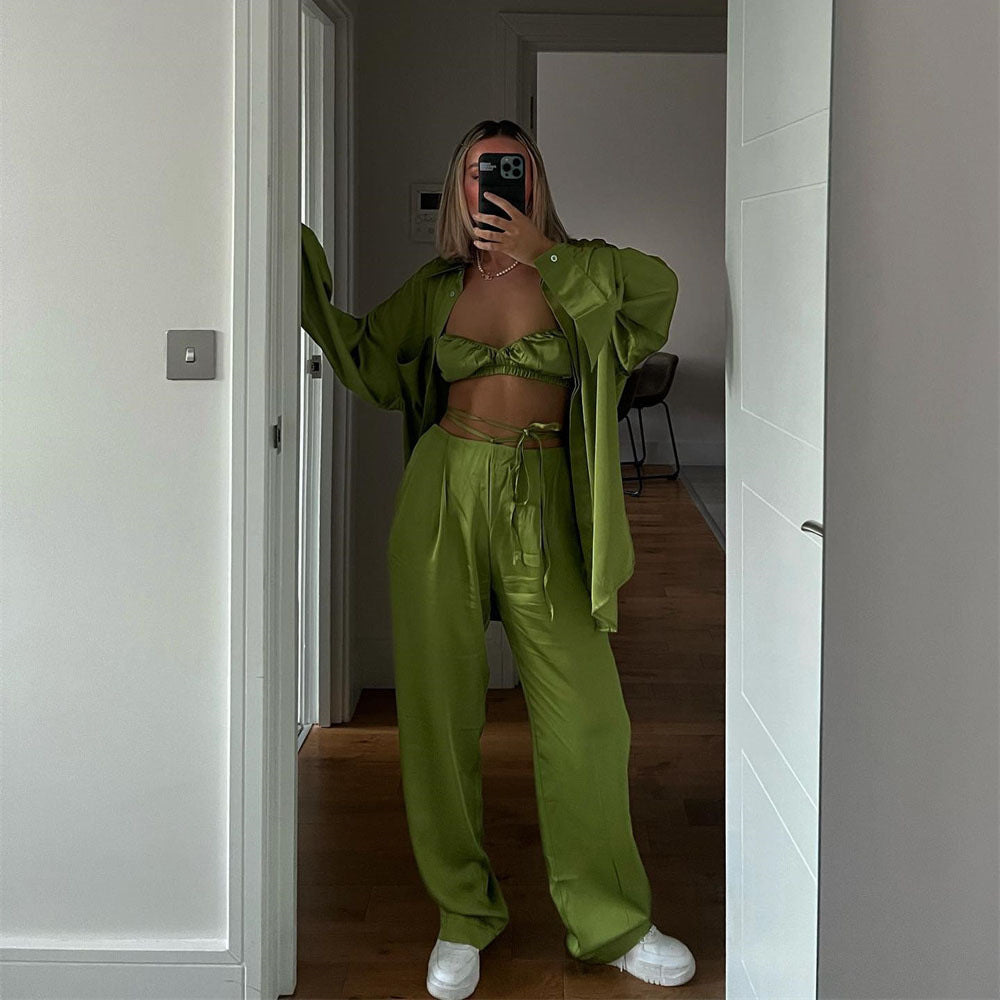 Women's New Casual Vacation Shirt Vest Straight Pants Three-piece Set