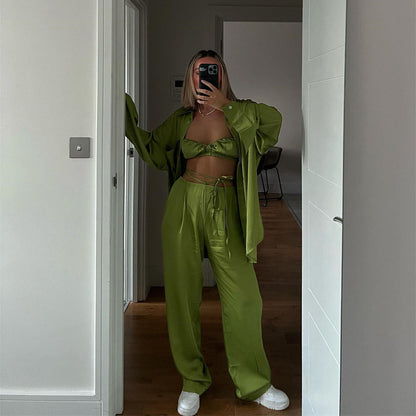 Women's New Casual Vacation Shirt Vest Straight Pants Three-piece Set