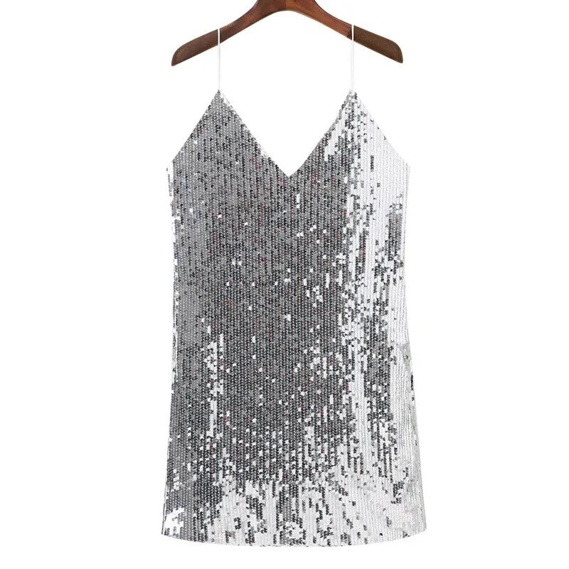 Deep V Neck Sequined Mini Dress