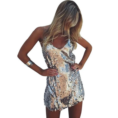 Deep V Neck Sequined Mini Dress