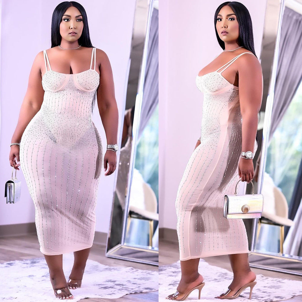 sling rhinestone see-through slim dress