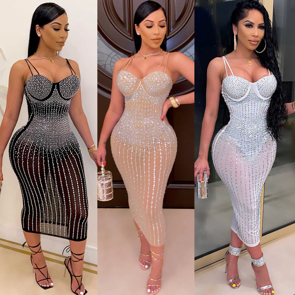 sling rhinestone see-through slim dress