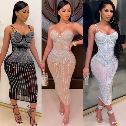 sling rhinestone see-through slim dress